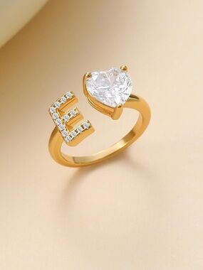 Gold Initial E Ring with Heart CZ Accent - Women Jewelry